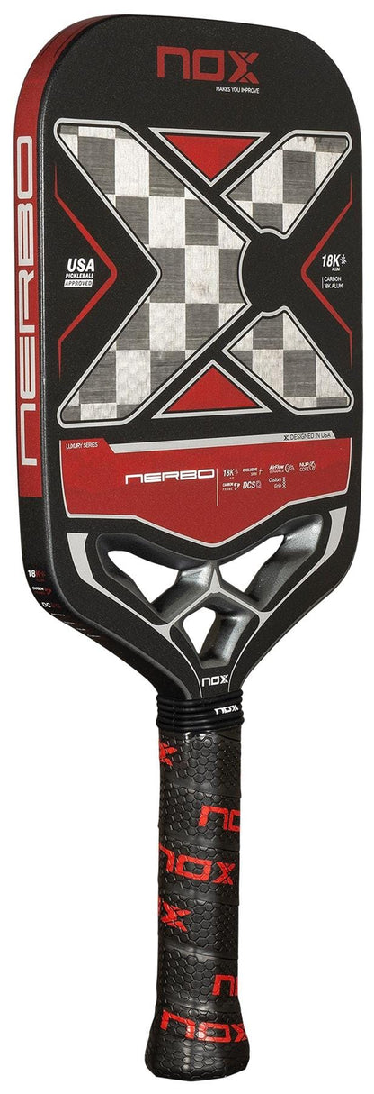 The NOX Luxury Nerbo Pickleball Paddle in black/red features an aluminised carbon fibre face, checkered pattern, textured grip tape, Exclusive Spin technology, and USA Pickleball approval.