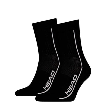 The HEAD Performance Short Crew Tennis Socks (2 Pack) in black feature white stripes and "HEAD" on the sides, offering arch support for enhanced comfort, displayed on a plain white background.