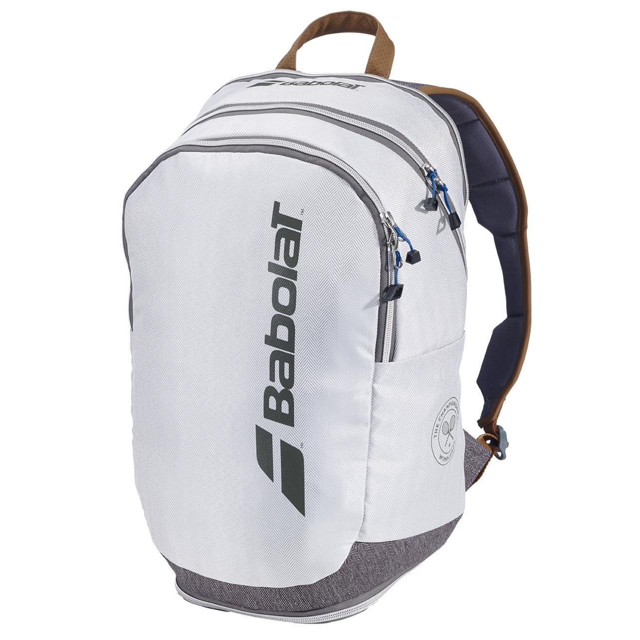 A roomy grey Babolat Wimbledon Court Tennis Backpack from the brand Babolat features several zippered compartments, blue zipper pulls, and a brown top handle. It is crafted from recycled materials with the brand's logo prominently displayed on the side.