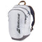 A roomy grey Babolat Wimbledon Court Tennis Backpack from the brand Babolat features several zippered compartments, blue zipper pulls, and a brown top handle. It is crafted from recycled materials with the brand's logo prominently displayed on the side.