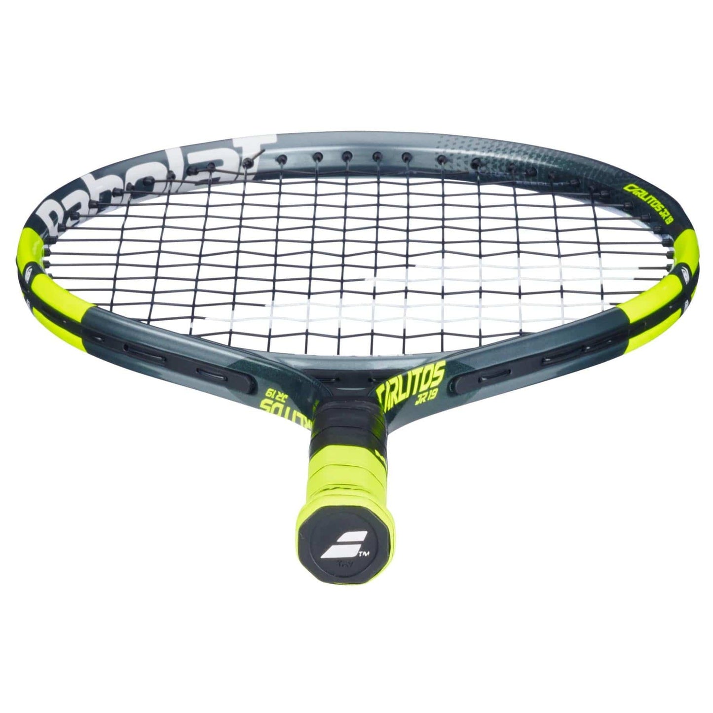 A close-up, angled view of the Babolat Carlitos Junior 19 Tennis Racket by Babolat shows the handle, strings, and frame—ideal for kids or junior players.