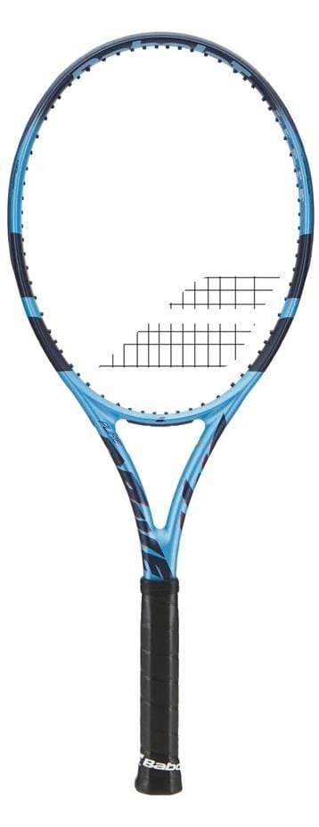 The Babolat Pure Drive 2025 Tennis Racket in blue and black features FSI Power technology for enhanced court performance.