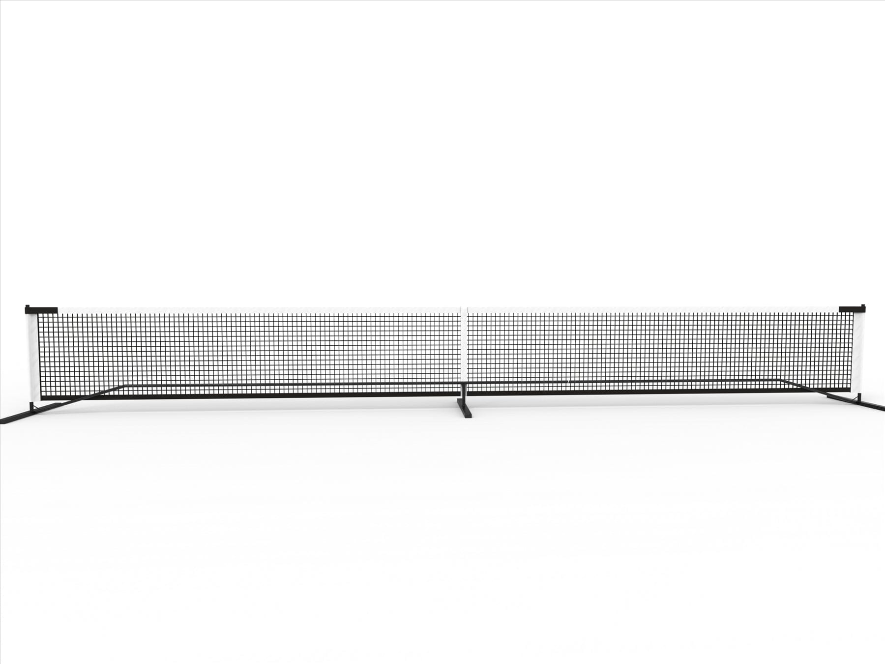 The Pickleball United Driveway 10 Junior Pickleball Net by Pickleball United is shown set up on a white surface, featuring black and white colors, freestanding design with two vertical end poles, and a base support bar.