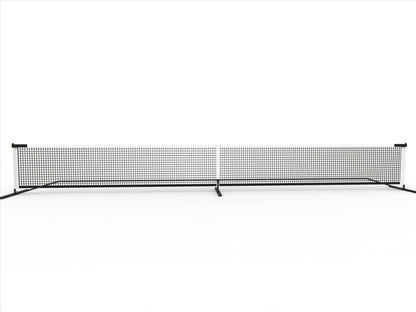 The Pickleball United Driveway 10 Junior Pickleball Net by Pickleball United is shown set up on a white surface, featuring black and white colors, freestanding design with two vertical end poles, and a base support bar.