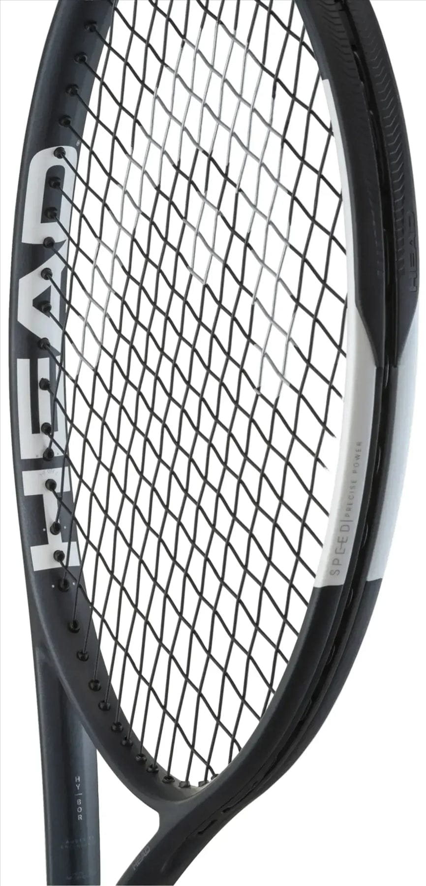 Close-up of the HEAD Speed MP 2026 Tennis Racket in black/white, featuring bold "HEAD" branding on the frame, strings, and part of the handle—perfect for intermediate and advanced players.