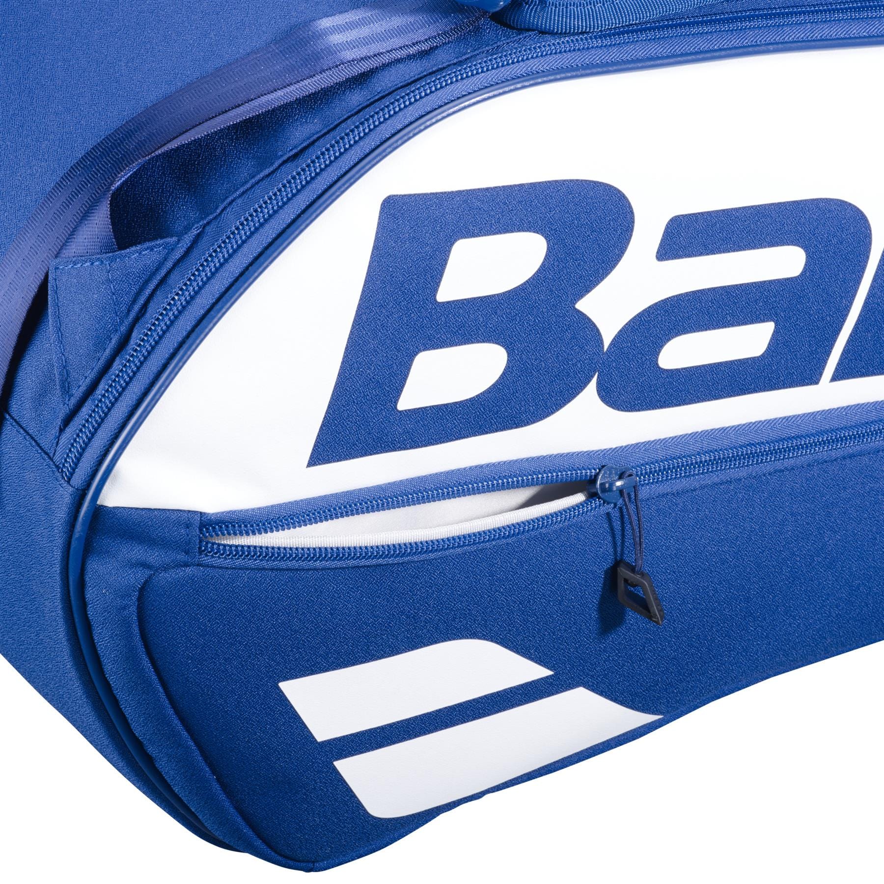 Close-up of the Babolat Court L 9 Racket Tennis Bag in dark blue, featuring a zippered pocket, visible "Babolat" branding, and a white graphic—an ideal, stylish bag for carrying your tennis gear.