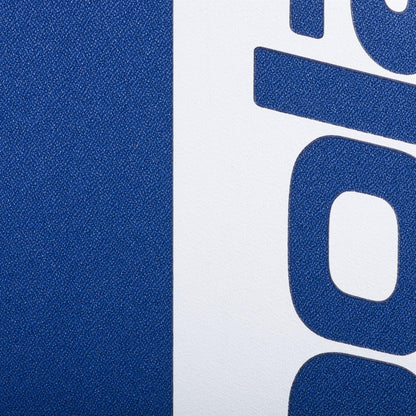 Close-up of the Babolat Court Hero Tennis Backpack in dark blue, showing its textured, recycled PET surface and bold navy blue letters along the right edge.