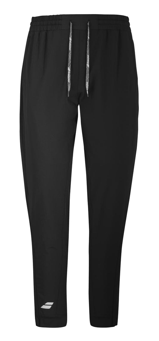 Babolat Play Men's Tennis Pants in black feature an elastic waistband with drawstrings and are crafted from Fiber Dry fabric for a tapered fit, making them ideal for sports or casual wear. These pants integrate Babolat Play technology and display a small white Babolat logo near the bottom of the right leg.