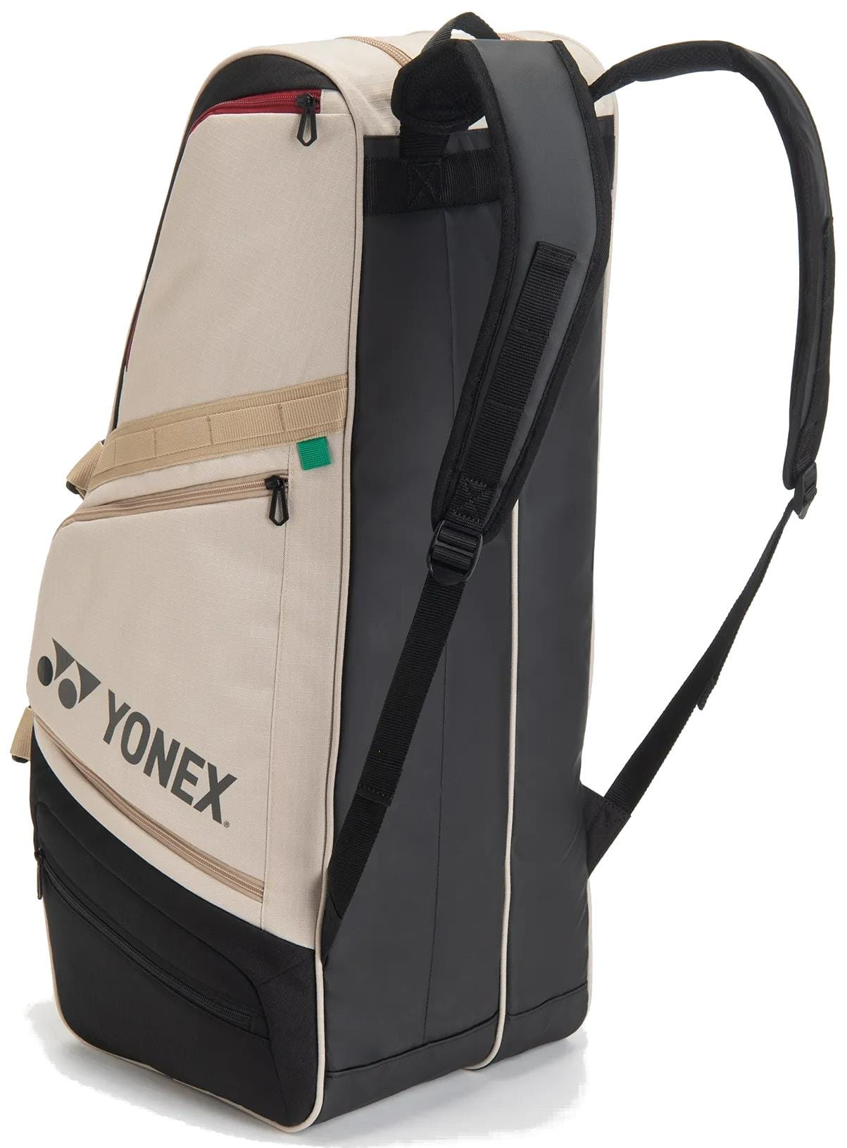 The Yonex BA72626EX Gearlogic 6 Racket Tennis Bag in beige, made from recycled polyester with multiple zippered compartments and padded shoulder straps, stands upright on a white background.