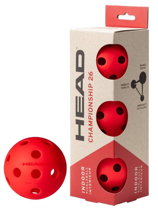 The HEAD Championship 26 Indoor Pickleball Balls (3 Ball) - Red by HEAD features three USAPA-approved red balls with multiple holes, designed for top indoor play, offering excellent bounce, visibility, and versatility.