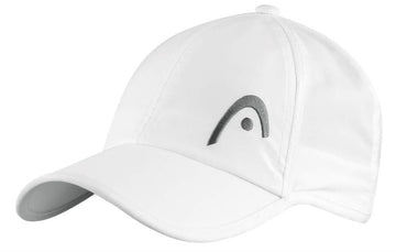 The HEAD Pro Player Tennis Cap - White by HEAD boasts a lightweight polyester design with a curved brim and superior sweat absorption, highlighted by an embroidered logo on the front resembling a stylized letter "H" or an arch with a dot.