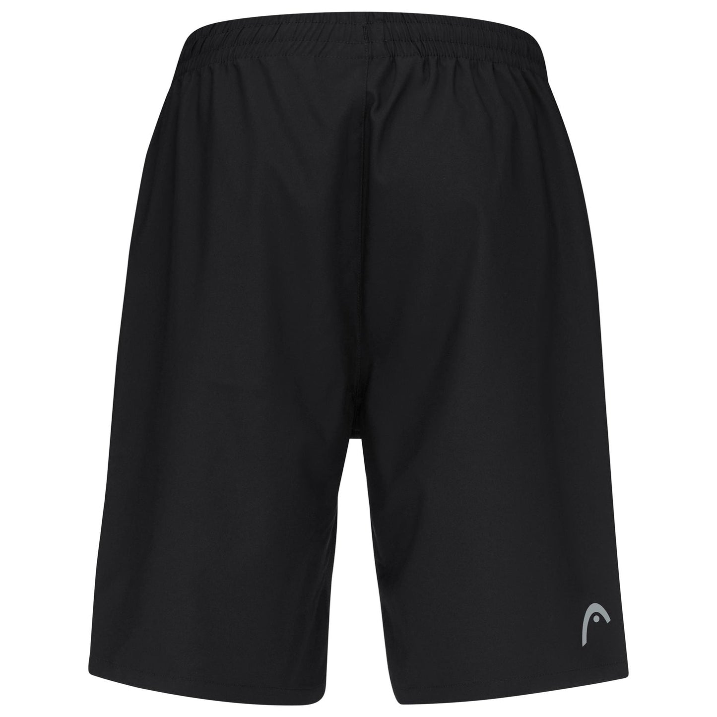 HEAD Club Bermudas Men's Tennis Shorts in black by HEAD, featuring a breathable plain design, elastic waistband, and a small white logo near the bottom of the left leg. Shown from the back.