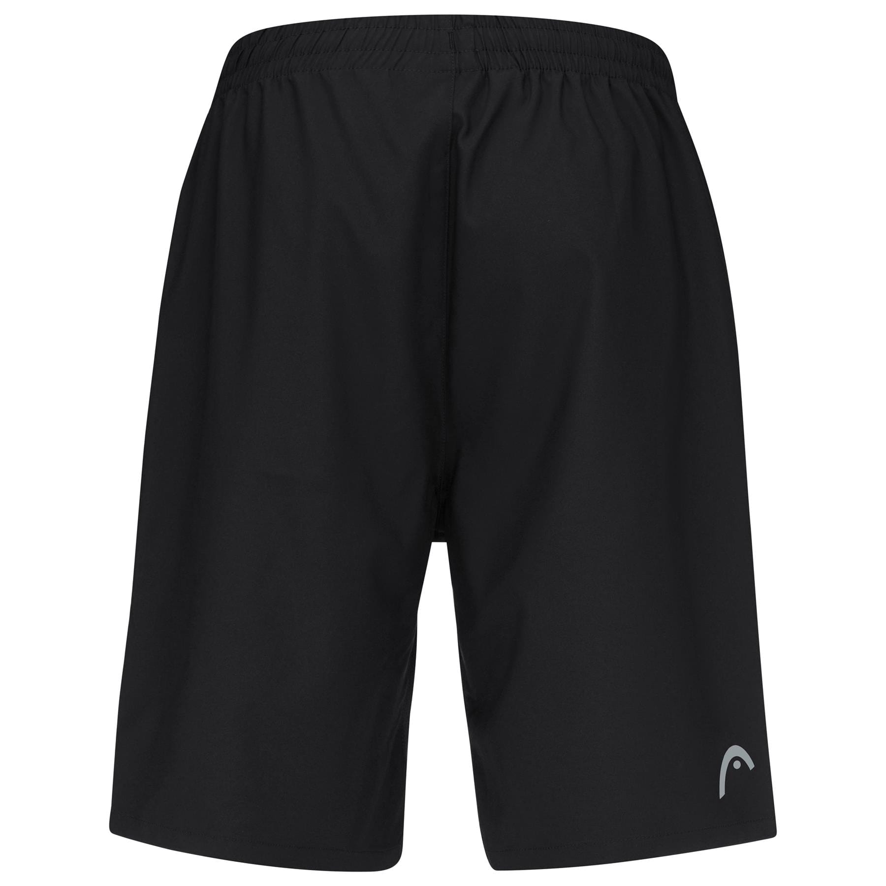 HEAD Club Bermudas Men's Tennis Shorts in black by HEAD, featuring a breathable plain design, elastic waistband, and a small white logo near the bottom of the left leg. Shown from the back.