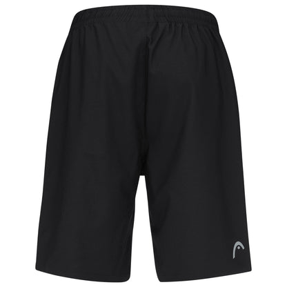 HEAD Club Bermudas Men's Tennis Shorts in black by HEAD, featuring a breathable plain design, elastic waistband, and a small white logo near the bottom of the left leg. Shown from the back.