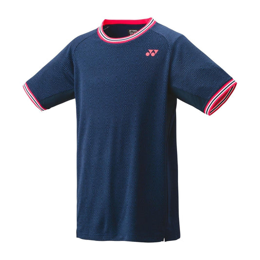 This indigo marine Yonex 10578 Crew Neck Men's Tennis T-Shirt features subtle swirl patterns and a small logo on the left chest. It incorporates UV reduction technology, with red and white striped accents on the collar and sleeves.