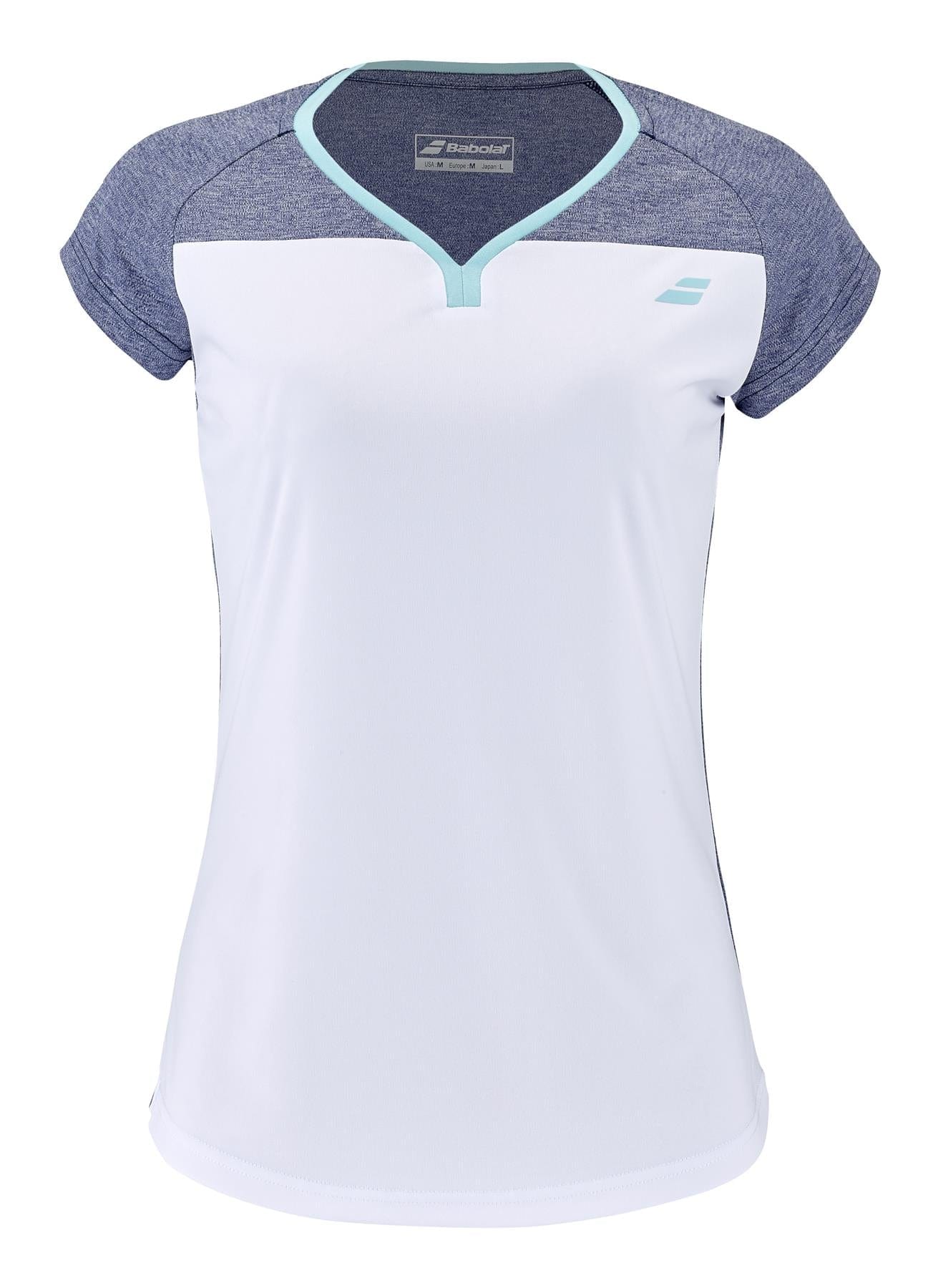 Introducing the Babolat Play Women's Tennis Cap Sleeve Top, expertly crafted with recycled polyester. This stylish piece showcases a white front complemented by light blue trim on the collar, alongside dark blue sleeves and shoulders that enhance its athletic appeal. Engineered for both performance and comfort, it features Fiber Dry Fabric technology and proudly displays the Babolat logo on the chest.