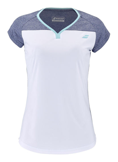Introducing the Babolat Play Women's Tennis Cap Sleeve Top, expertly crafted with recycled polyester. This stylish piece showcases a white front complemented by light blue trim on the collar, alongside dark blue sleeves and shoulders that enhance its athletic appeal. Engineered for both performance and comfort, it features Fiber Dry Fabric technology and proudly displays the Babolat logo on the chest.