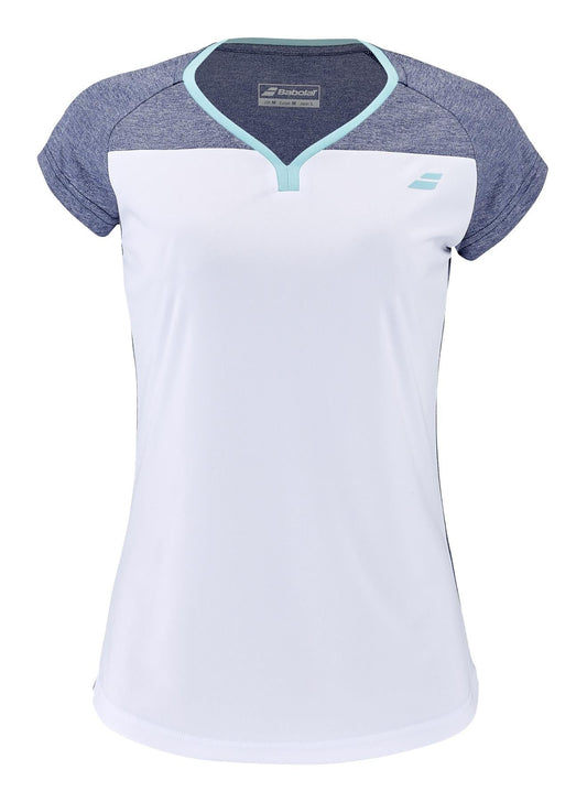 Introducing the Babolat Play Women's Tennis Cap Sleeve Top, expertly crafted with recycled polyester. This stylish piece showcases a white front complemented by light blue trim on the collar, alongside dark blue sleeves and shoulders that enhance its athletic appeal. Engineered for both performance and comfort, it features Fiber Dry Fabric technology and proudly displays the Babolat logo on the chest.