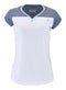 Introducing the Babolat Play Women's Tennis Cap Sleeve Top, expertly crafted with recycled polyester. This stylish piece showcases a white front complemented by light blue trim on the collar, alongside dark blue sleeves and shoulders that enhance its athletic appeal. Engineered for both performance and comfort, it features Fiber Dry Fabric technology and proudly displays the Babolat logo on the chest.