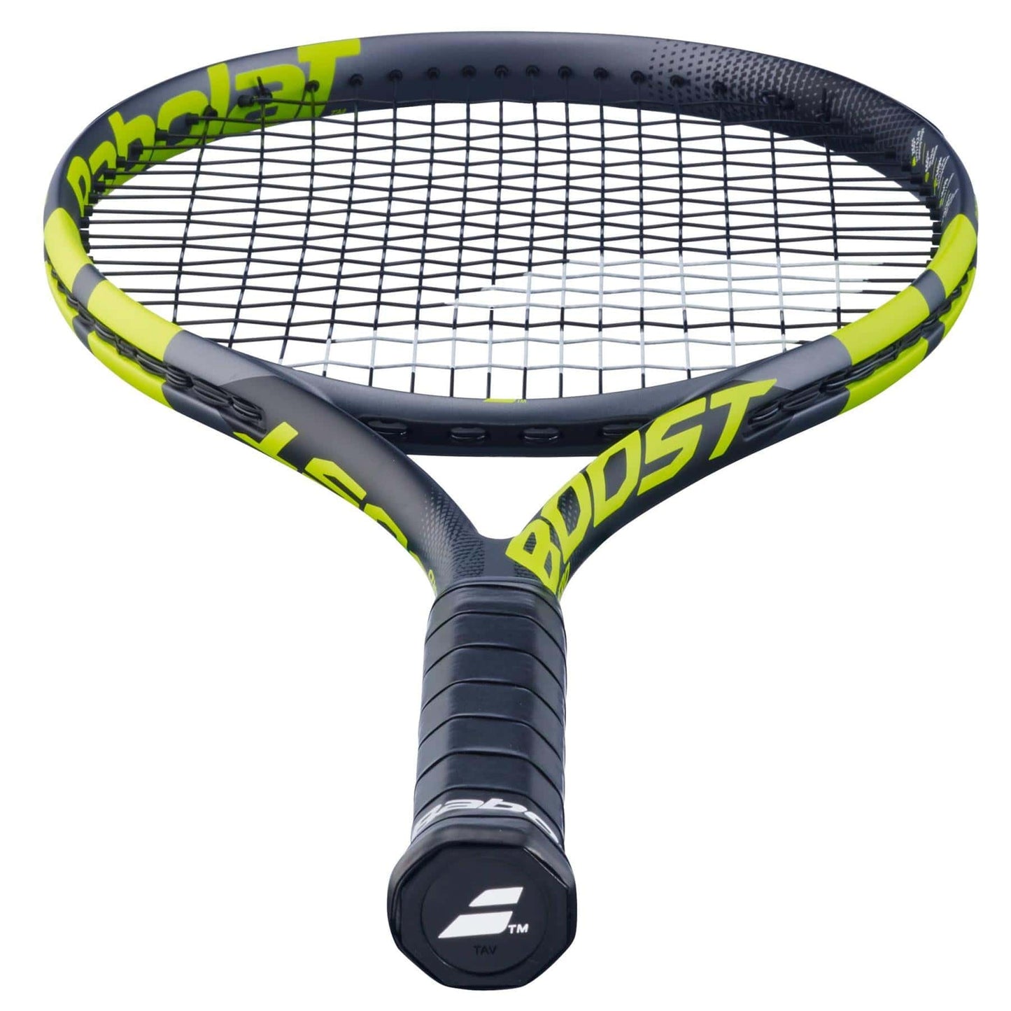 The Babolat Boost Aero 2026 Tennis Racket is displayed from handle to head, showcasing its black and yellow frame, visible strings and grip, with the Babolat brand name clearly marked.