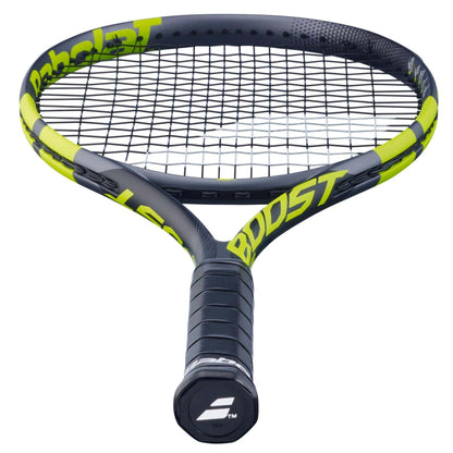 The Babolat Boost Aero 2026 Tennis Racket is displayed from handle to head, showcasing its black and yellow frame, visible strings and grip, with the Babolat brand name clearly marked.