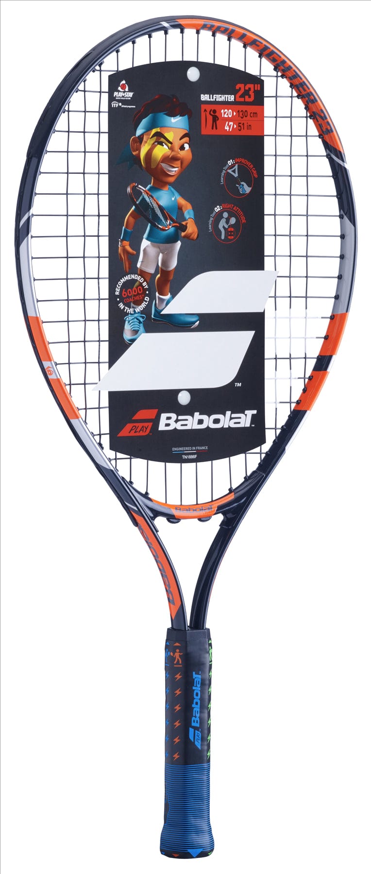 The Babolat Ballfighter 23 Junior Tennis Racket, available in Black, Orange, and Grey, is a beginner's racket crafted for young players. It features a vibrant design with cartoon characters on the label and is ideal for kids who are between 47" and 51" tall.