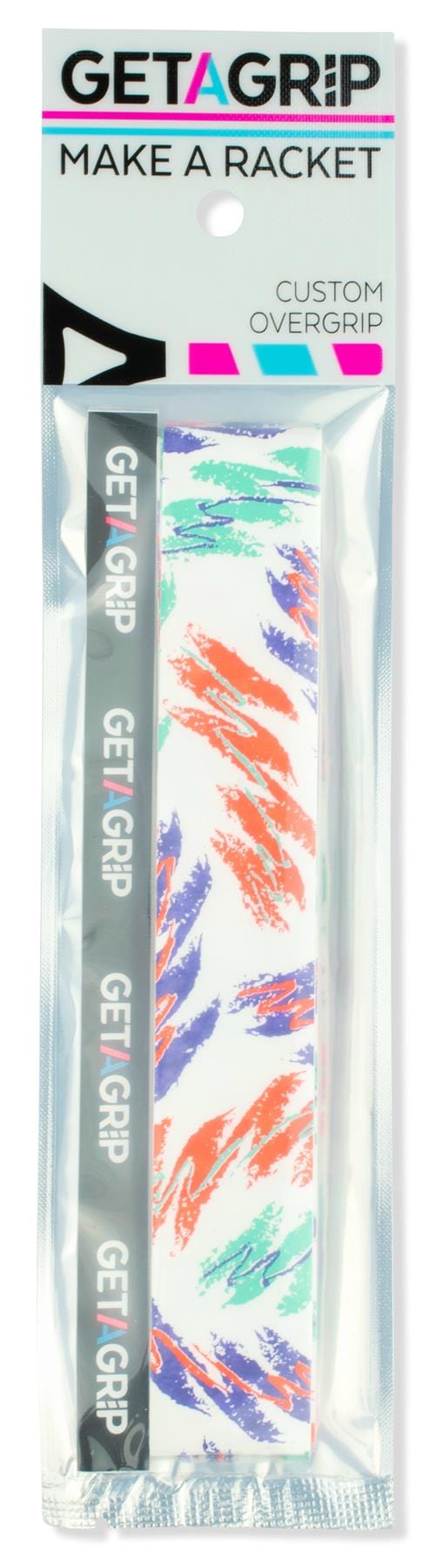 The Get a Grip Tennis Overgrip - Baseline by Get A Grip features a colorful abstract brushstroke design in orange, teal, and purple, great moisture absorption, branded tape, and comes packaged in a clear plastic wrapper.