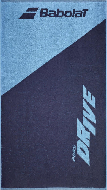 The Babolat Medium Towel in Drive Heritage Blue features the iconic logo at the top and "Pure Drive" diagonally on the lower section. Made from 100% cotton, it's ideal for style-conscious tennis fans seeking functionality on the court.