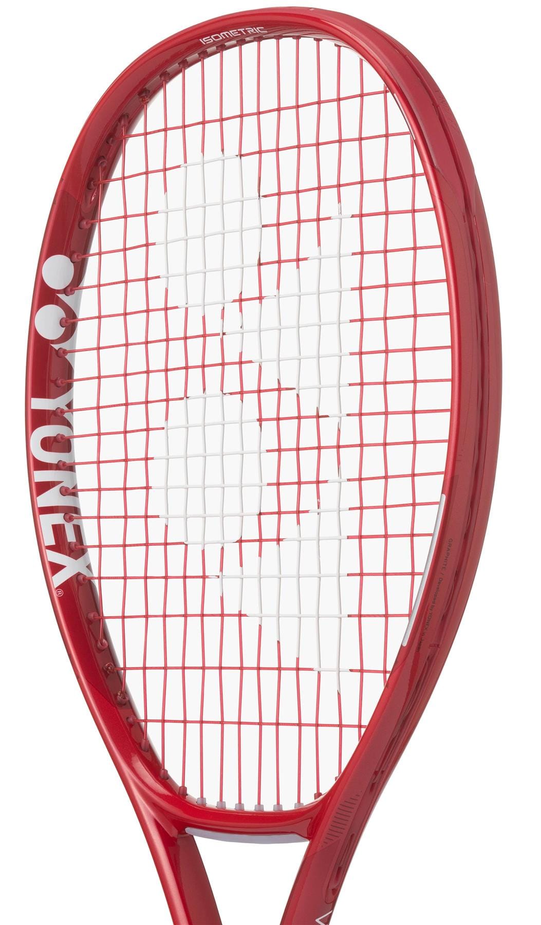 A close-up of the Yonex VCORE 25 Junior Ruby Red 2026 Tennis Racket featuring a white Yonex logo on the strings, shown against a white background.