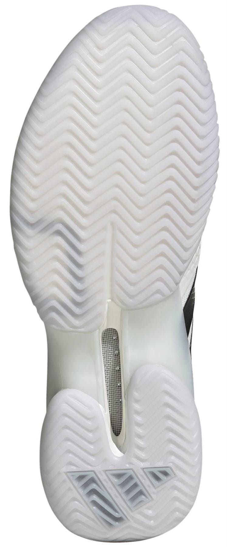 The image shows the white, textured sole of the adidas ADIDAS Barricade 14 Mens Tennis Shoes - White, featuring a herringbone tread and transparent sections, captured from the bottom view.