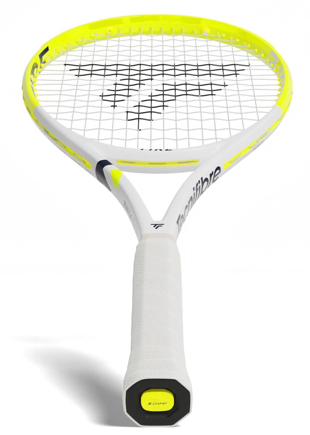 The Tecnifibre Fire 285 Tennis Racket, in white and yellow with a white grip, black strings, and the Tecnifibre logo on the strings, features X-Damp technology for advanced vibration dampening.