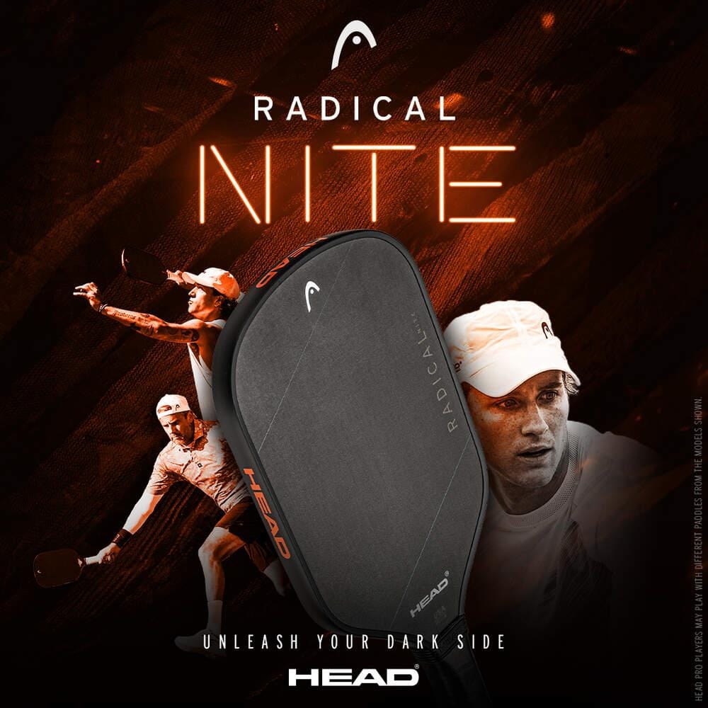 A bold HEAD ad showcases the HEAD Radical Nite Pickleball Paddle - Black with SpinFusion technology, intense player action, and the tagline "UNLEASH YOUR DARK SIDE" set against a striking orange-black backdrop.
