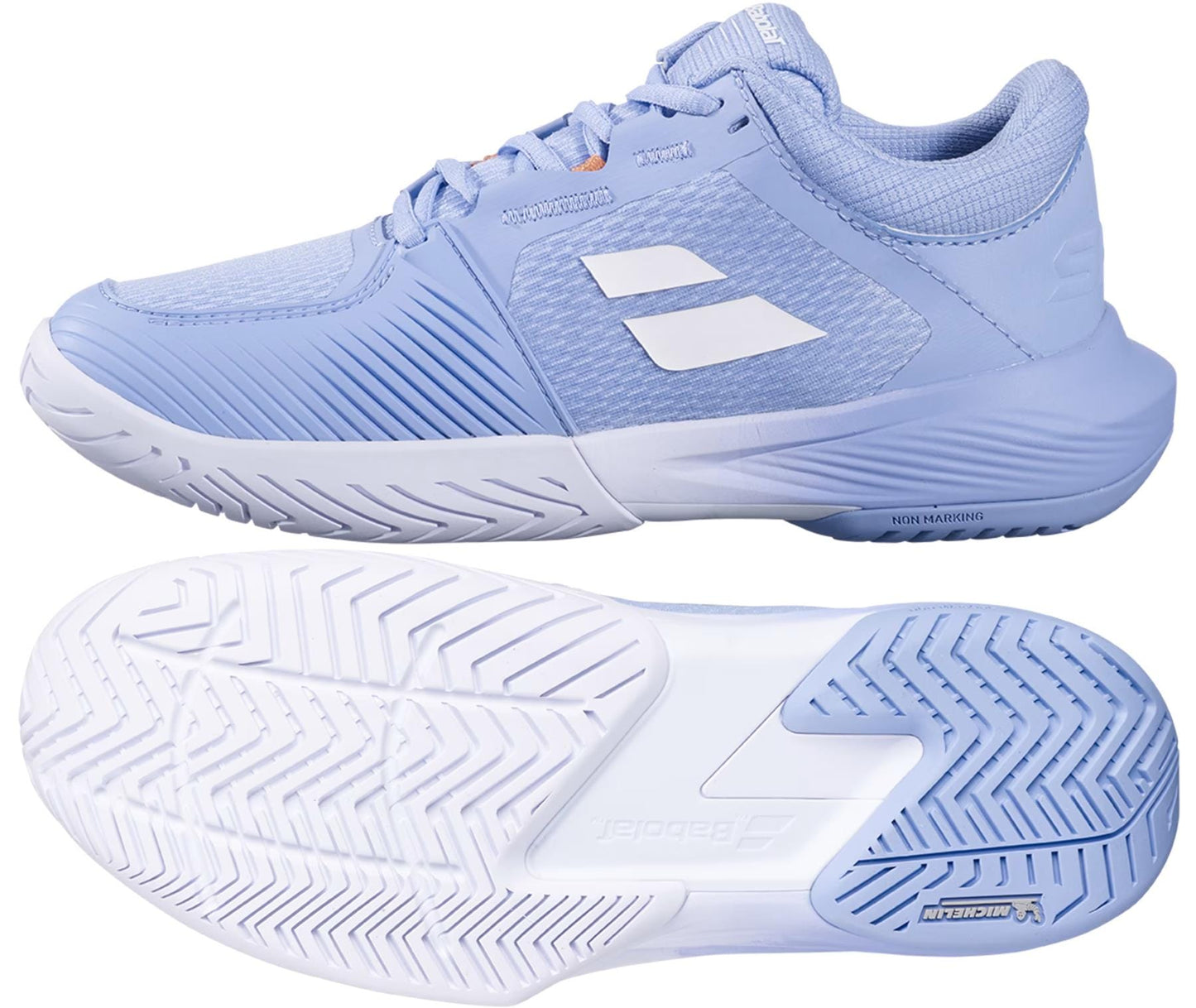 The Babolat SFX 4 All Court Womens Tennis Shoes in Forever Blue are shown from the side and bottom, highlighting textured patterns, white Babolat logos, and a grippy Michelin rubber sole with blue tread.