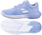 The Babolat SFX 4 All Court Womens Tennis Shoes in Forever Blue are shown from the side and bottom, highlighting textured patterns, white Babolat logos, and a grippy Michelin rubber sole with blue tread.