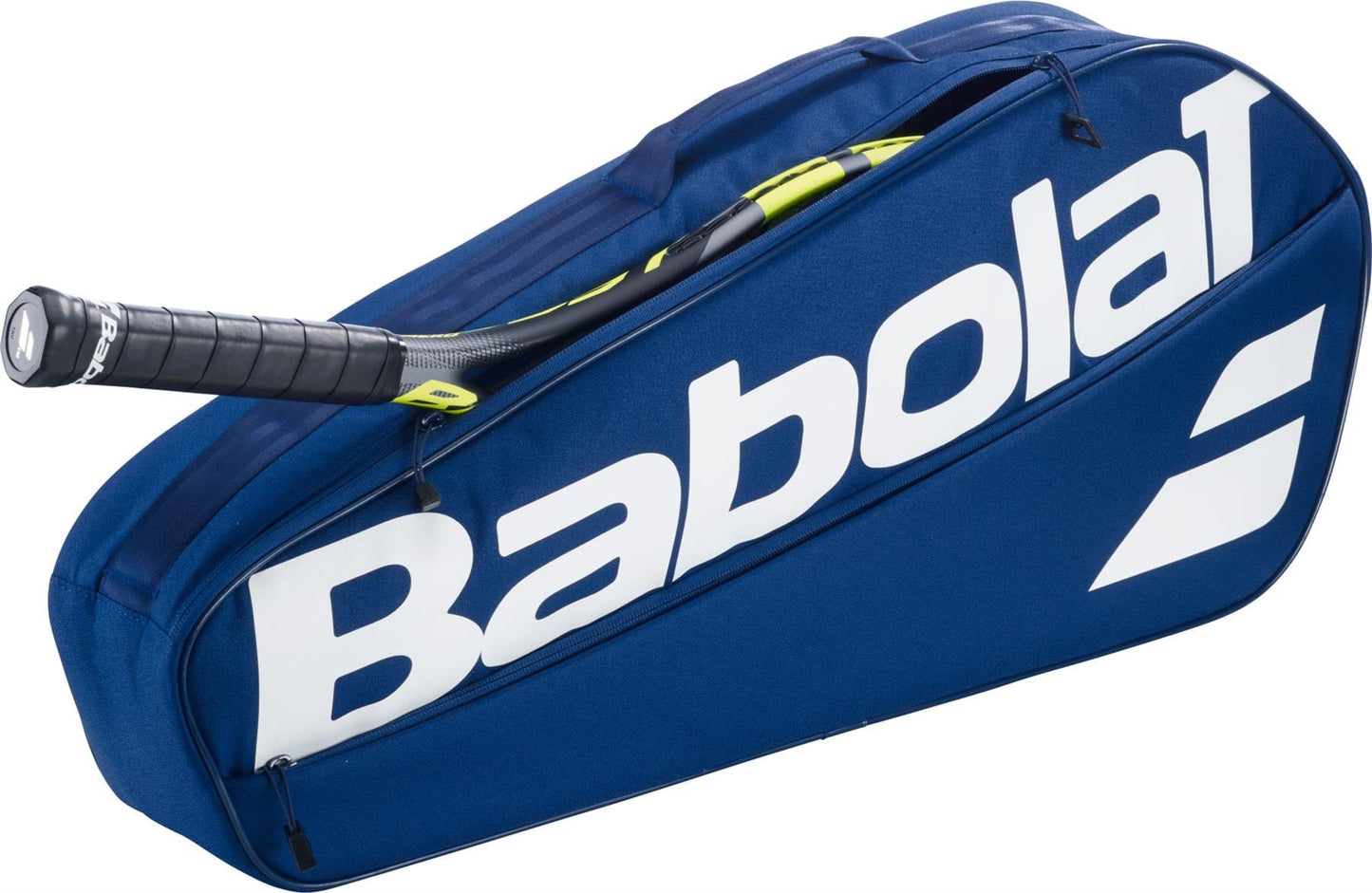 The Babolat Court XS 3 Racket Tennis Bag - Blue displays a large white Babolat logo and features a partially unzipped design with a racket handle visible, offering a stylish and compact way to carry your gear.