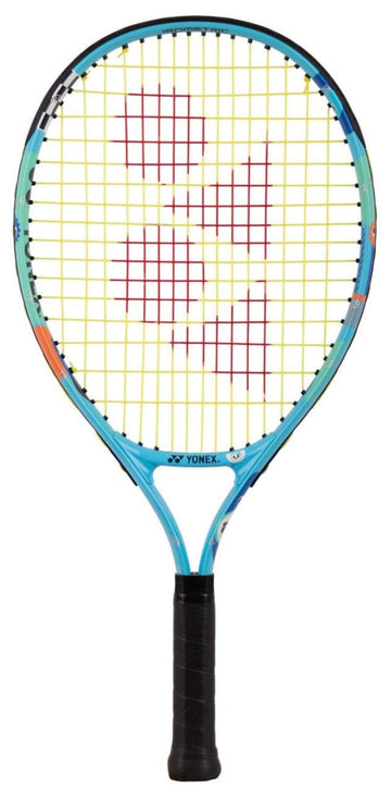 The Yonex Junior 21 Ocean Blue Tennis Racket, designed for kids and beginners, features yellow strings and a red Yonex logo pattern, shown against a white background.