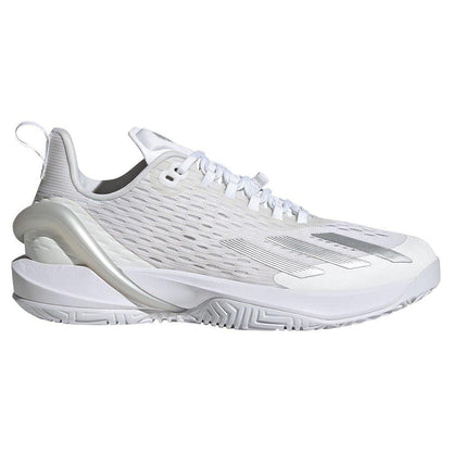 Crafted to enhance swift motion, the adidas Adizero Cybersonic Women's Tennis Shoes in White/Silver offer a sleek design. They include a mesh upper, cushioned heel, textured rubber sole, pull tab at the heel, and traditional white laces.