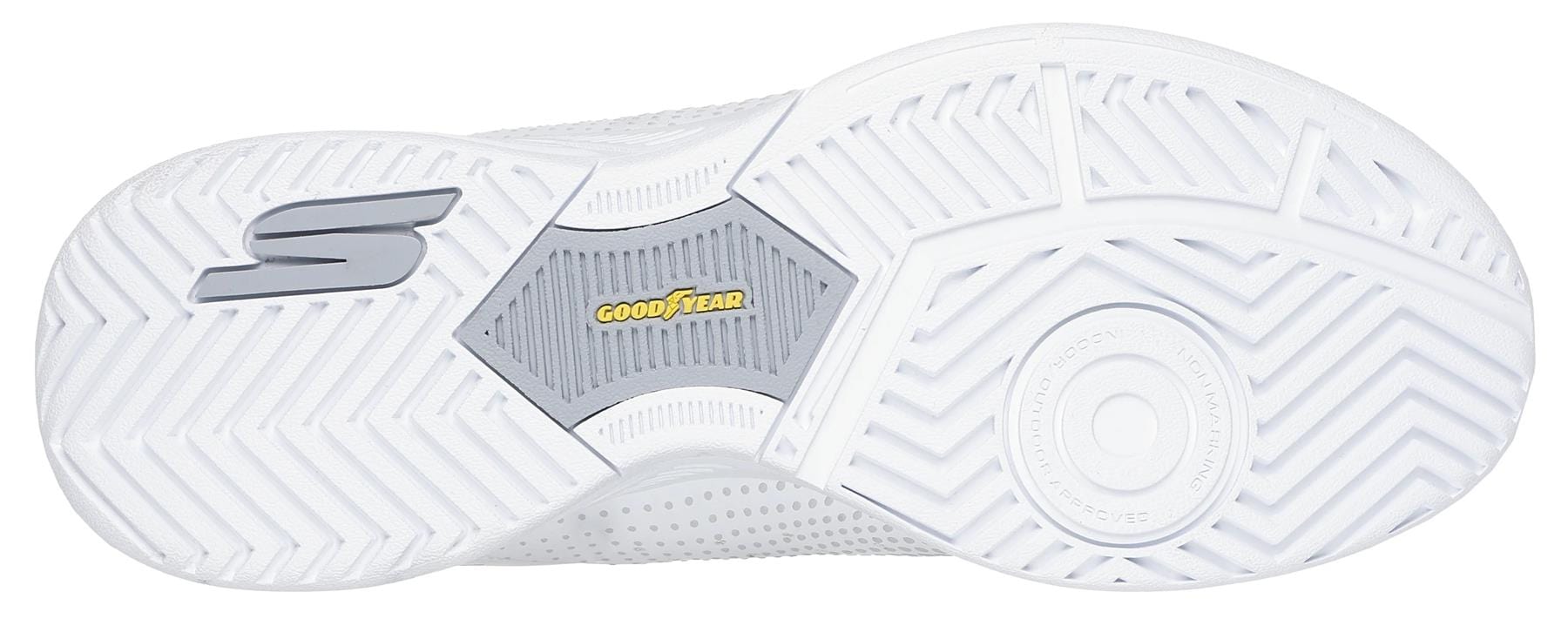 The image shows the white sole of Skechers Viper Court Reload Slip Ins Relaxed Fit Tennis Shoes with a bold tread, silver "S" logo on the left, and a yellow Goodyear Rubber logo in the center on a gray section.