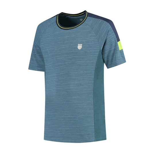The K-Swiss Hypercourt Melange 2 Men's Tennis T-Shirt in Indian Teal is a high-performance athletic T-shirt made from breathable polyester, featuring short sleeves, dark blue shoulder panels, and a neon yellow accent on one sleeve. It showcases a subtle heathered pattern and includes a small logo on the chest.