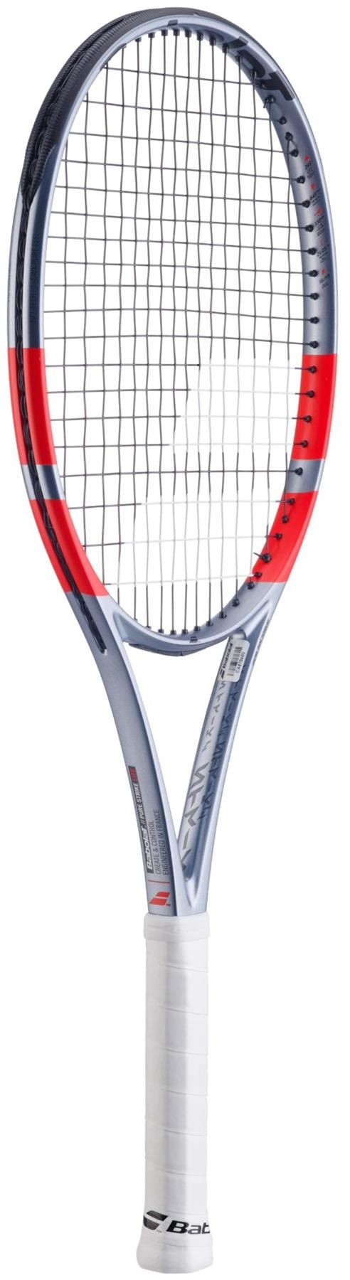 A Babolat Pure Strike Lite Gen4 Tennis Racket in Carbon Grey, featuring a lightweight frame and white grip, is displayed vertically against a white background.