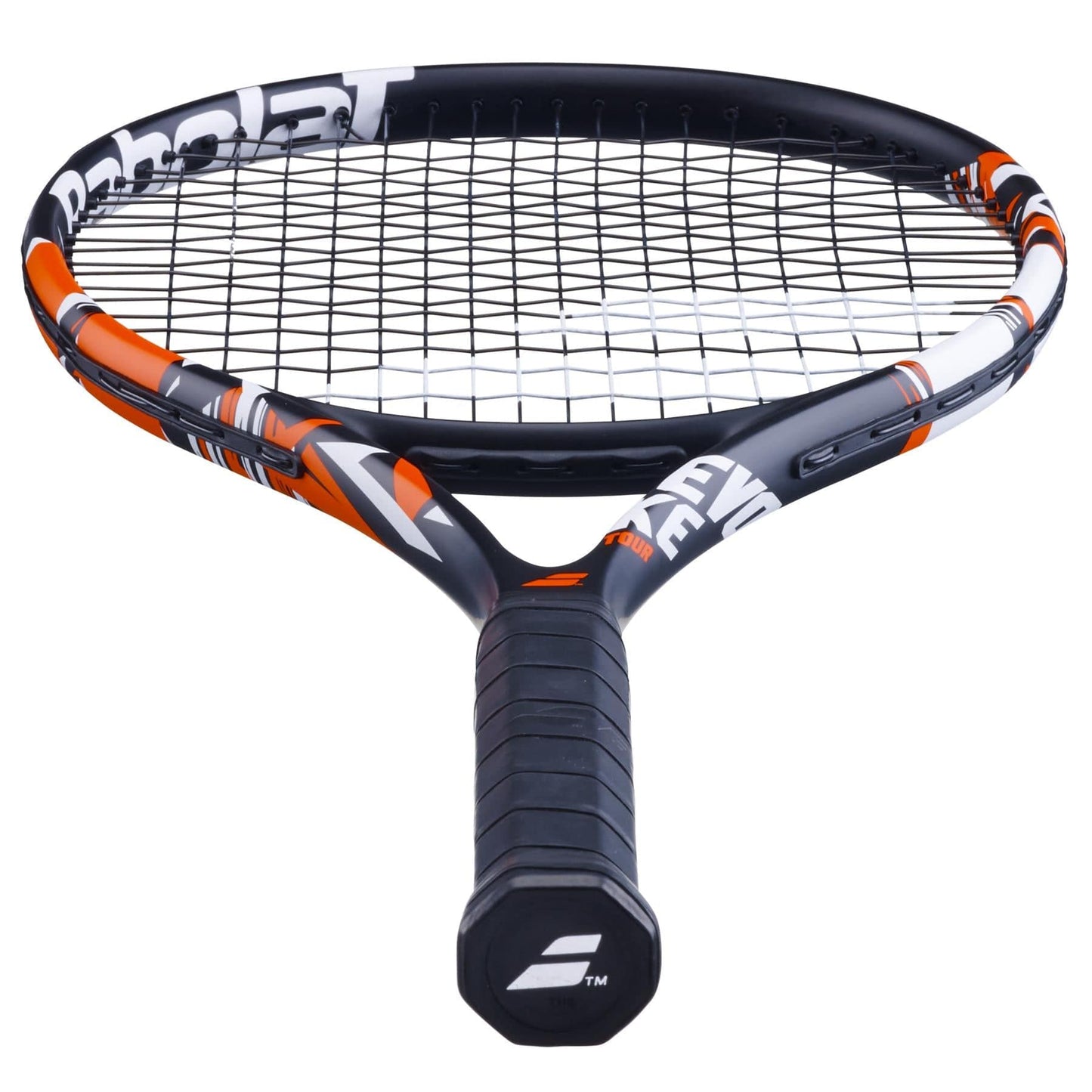 The Babolat Evoke Tour Tennis Racket in black and red is ideal for beginners. It features a contemporary design with a black grip and the Babolat brand logo on the handle. The frame showcases unique color patterns, and the strings are securely strung to ensure optimal performance.
