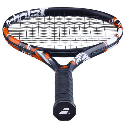 The Babolat Evoke Tour Tennis Racket in black and red is ideal for beginners. It features a contemporary design with a black grip and the Babolat brand logo on the handle. The frame showcases unique color patterns, and the strings are securely strung to ensure optimal performance.