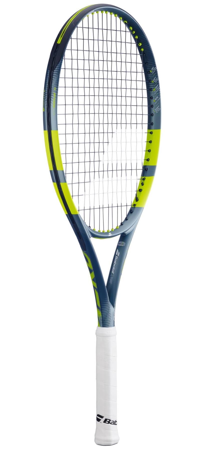 The Babolat Pure Aero Junior 26 Tennis Racket 2026 features a blue and yellow design, white grip, black strings, and Babolat logos—ideal for young players looking to enhance their spin game.