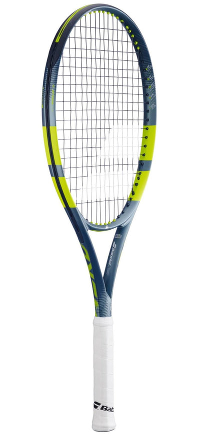 The Babolat Pure Aero Junior 26 Tennis Racket 2026 features a blue and yellow design, white grip, black strings, and Babolat logos—ideal for young players looking to enhance their spin game.