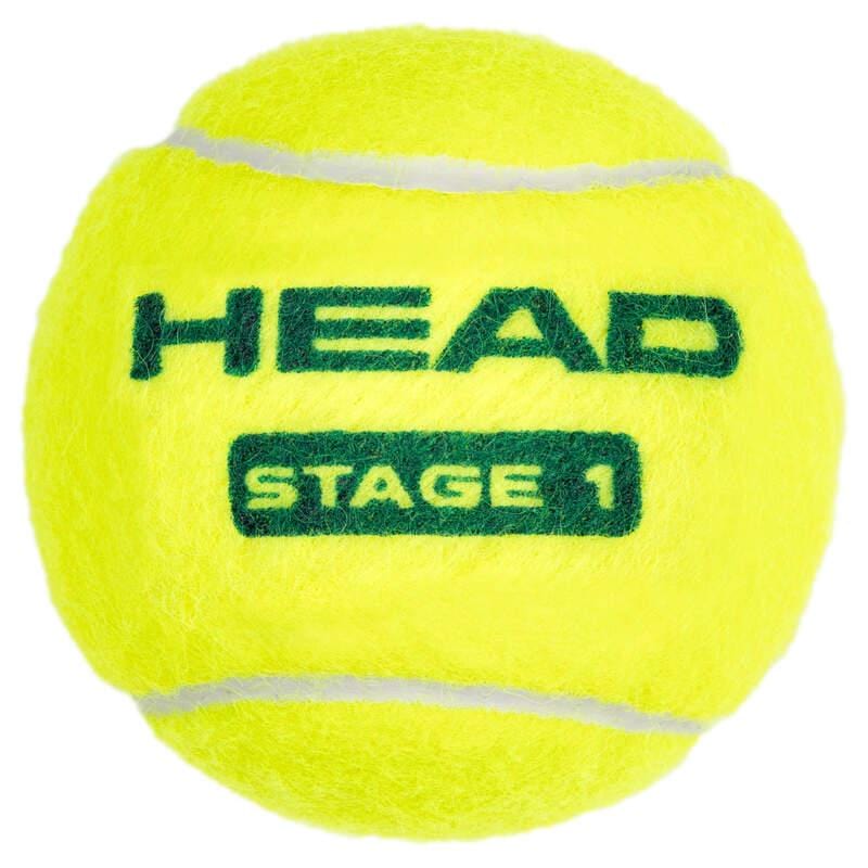 The HEAD 3B Stage 1 Tennis Balls - Green are beginner-friendly and perfect for kids, featuring "HEAD" and "STAGE 1" printed in green text on a yellow ball.