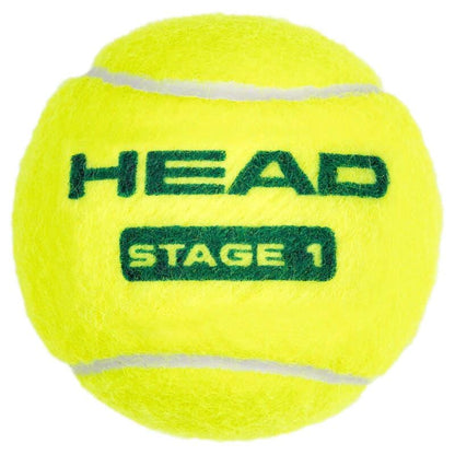 The HEAD 3B Stage 1 Tennis Balls - Green are beginner-friendly and perfect for kids, featuring "HEAD" and "STAGE 1" printed in green text on a yellow ball.