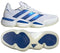 The ADIDAS Stabil 16 Men's Indoor Court Shoes feature a sleek design in white with metallic blue stripes, an adidas BOOST midsole, and a patterned sole for grip. Perfect for a modern and sporty look.