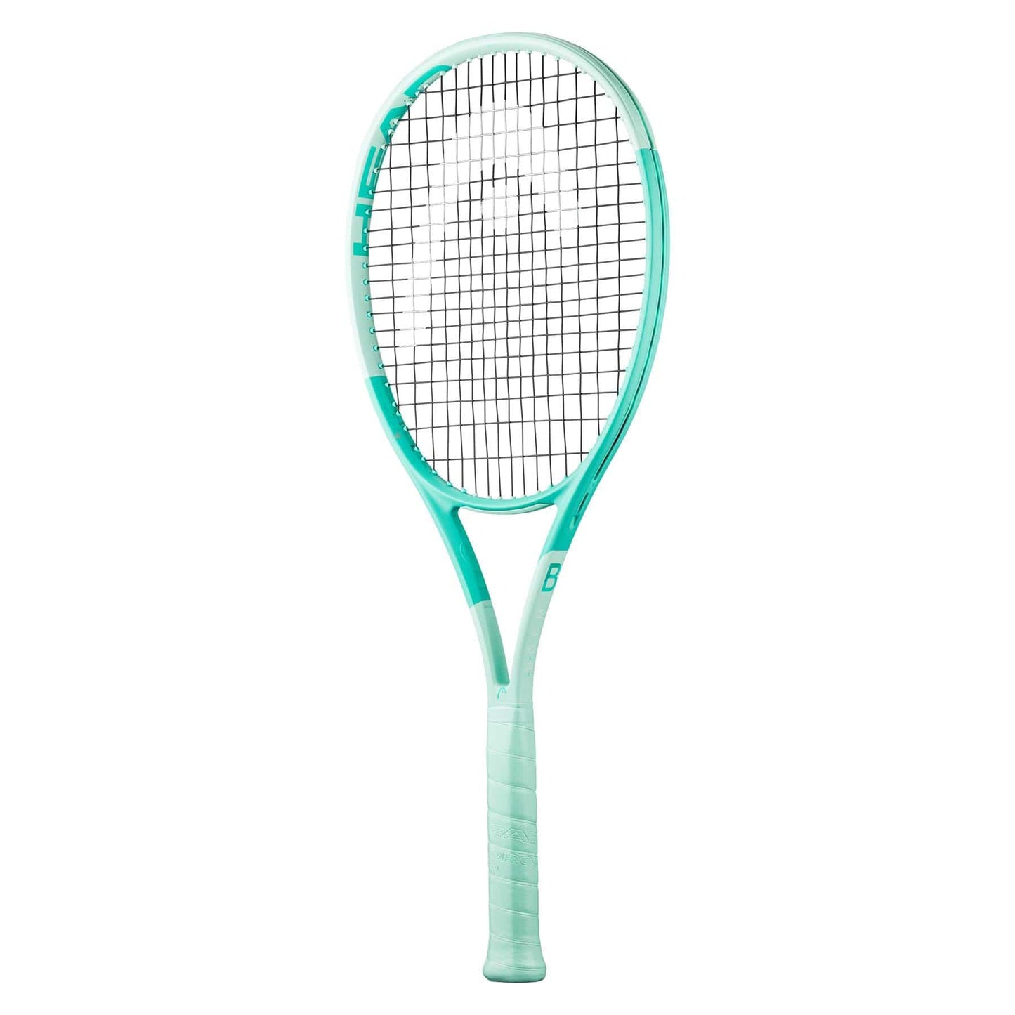 The HEAD Boom MP 2024 Alternate Tennis Racket - Mint by HEAD displays a mint and white design with a black string pattern. Its sleek frame, advanced with Auxetic 2.0 technology and Graphene Inside, includes a textured grip handle. Positioned vertically on a plain white background, it exudes contemporary elegance.
