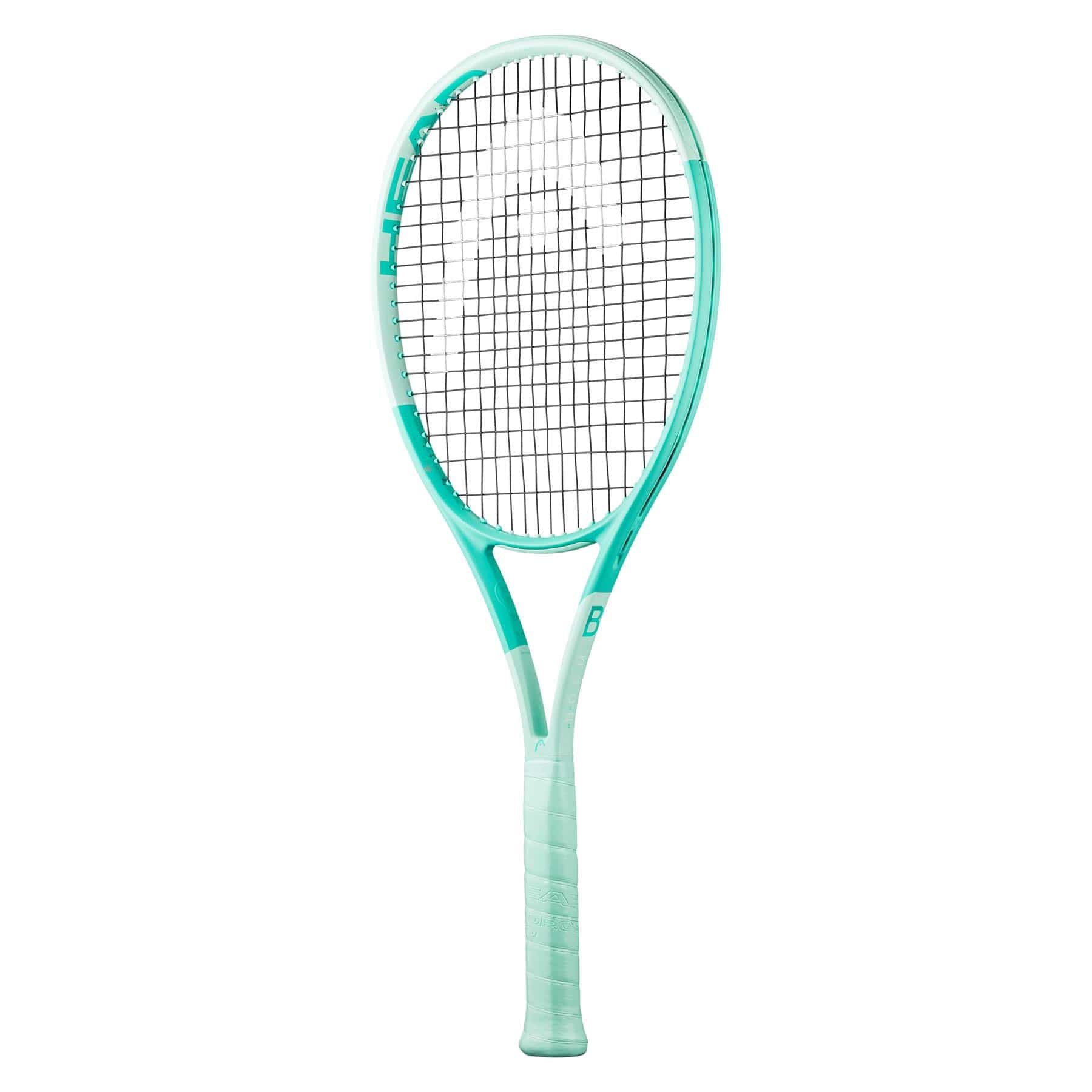 The HEAD Boom MP 2024 Alternate Tennis Racket - Mint by HEAD displays a mint and white design with a black string pattern. Its sleek frame, advanced with Auxetic 2.0 technology and Graphene Inside, includes a textured grip handle. Positioned vertically on a plain white background, it exudes contemporary elegance.