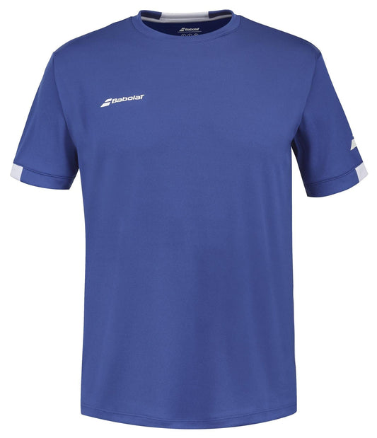 The Babolat Play Men's Crew Neck Tennis T-Shirt in Sodalite Blue boasts short sleeves adorned with the Babolat logo on both the chest and sleeve. Made from recycled polyester and incorporating Fiber Dry technology for improved performance, it features white accents on the sleeves.